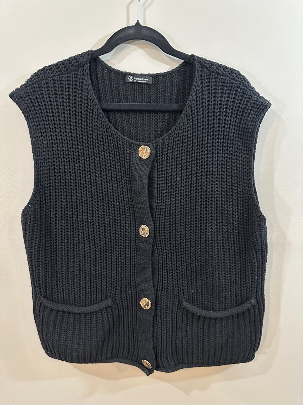 PrettyGarden Classic Black Knit Button-Front Women’s Vest, XL